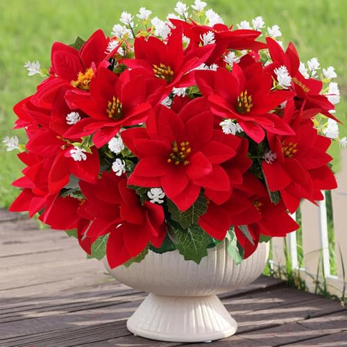 MELAJIA Artificial Flowers for Outdoors Red Christmas Poinsettia Flowers 12 Bundles Mixed Fake Plants UV Resistant Faux Fl...