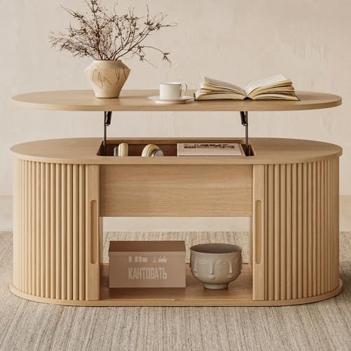 LINSY Lift Top Coffee Table, Oval Fluted Coffee Table with Storage, Boho Wooden Coffee Tables with Sliding Tambour Door, 3...