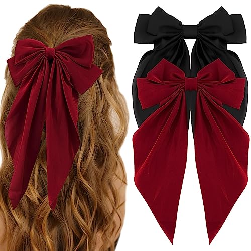 Atoden Hair Bow Clip, 2 Pcs Silky Satin Hair Bows for Women Hair Ribbons Oversized Long Tail Black Hair Bow and Red Hair B...