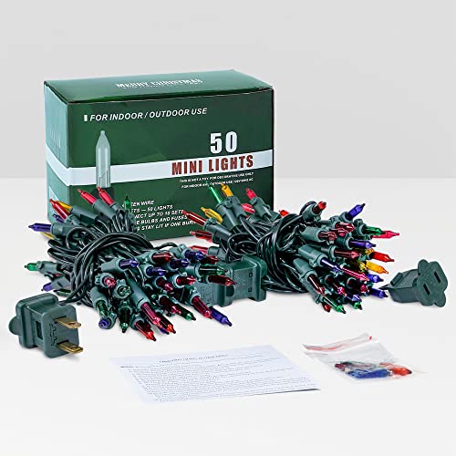 Hopolon Christmas Lights Multicolor,2PACK 13 Feet 50Count Incandescent Christmas Tree Lights with Green Wire,Connectable M...