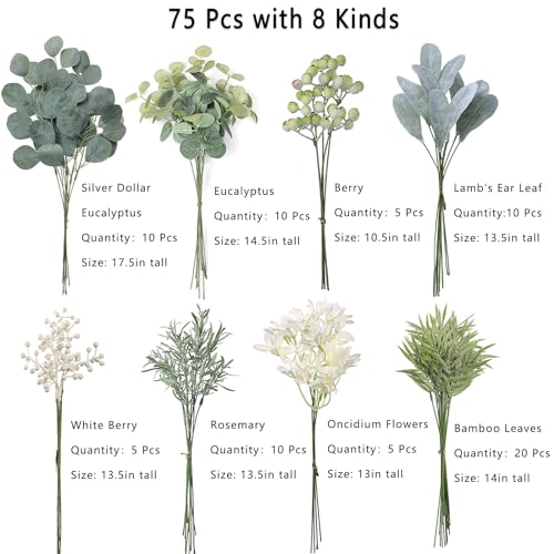 FOTEEWL 75 Pcs Artificial Greenery Stems Box Set,with 8 Kinds of Faux Plants and Fake Flowers for DIY Bridal Bouquets Wedd...
