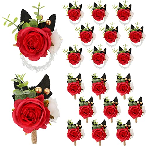 Sherr 20 Pcs Rose Wrist Corsage and Boutonniere Set Flower Wrist Corsage Wristlet Band Bracelet Bridegroom Men's Boutonnie...
