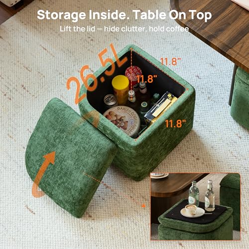 Square Coffee Table with Stools Underneath, Wood Ottoman Coffee Tables with 4 Chenille Storage Ottomans & Seats, Mid-Centu...