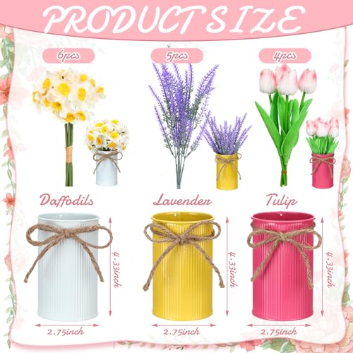 Zeyune 3 Pack Fake Potted Flowers Artificial Daffodils Flower Plants in Metal Pots Spring Artificial Flower Lavender Tulip...