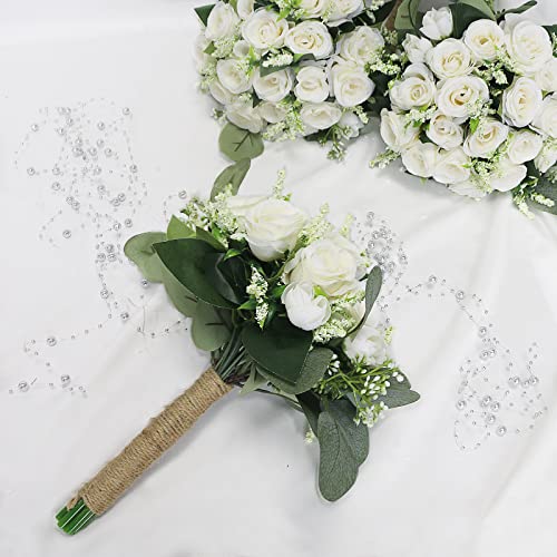 HOMENERGY Bridesmaid Bouquets for Wedding 1 Pack - Pre-Made Artificial Ivory Bouquet Flower Girls Bridal Small Floral for ...