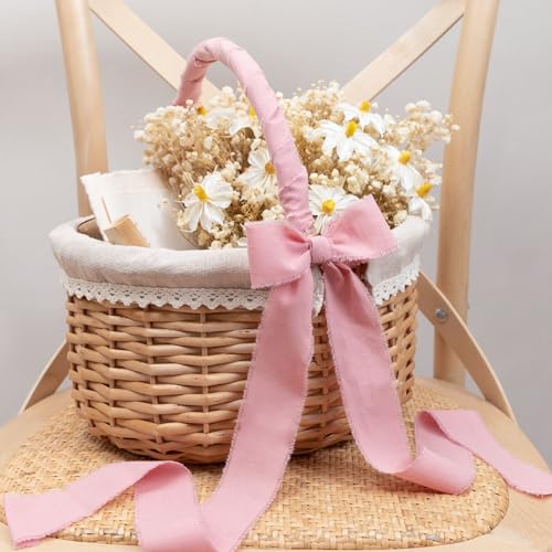 Keypan Pink Ribbon Set 1-1/2 Inch Handmade Cotton Frayed Fringe Fabric Ribbons for Baby Shower Crafts Flower Bouquets Wedd...