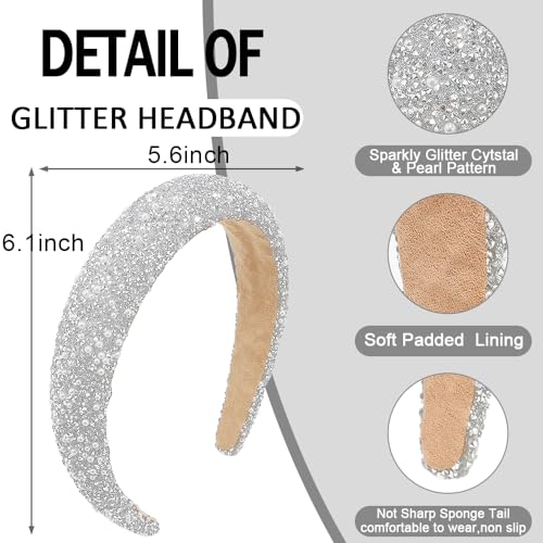 AHONEY 2 Pack Rhinestone Headband for Women Girls, Glitter Sequin Beaded Pearls Padded Headbands for Women Prom Wedding Sp...