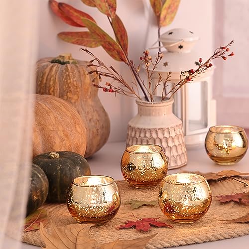 Volens Round Gold Votive Candle Holders, Mercury Glass Candle Holder Set of 12, Wedding Decorations for Table