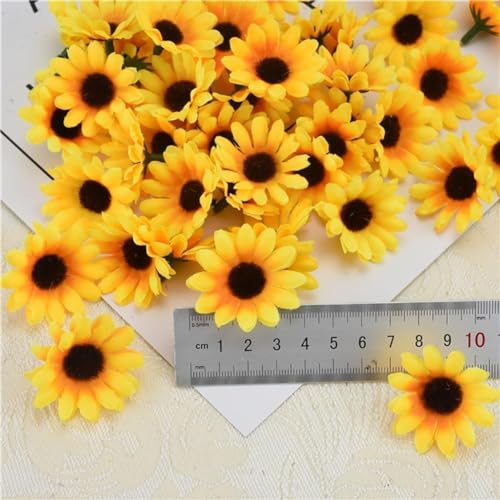 GOUDOGEDC 100Pcs Yellow Artificial Flower Heads Mini Fake Sunflower Decorative Fabric Flowers Craft Floral Embellishments ...