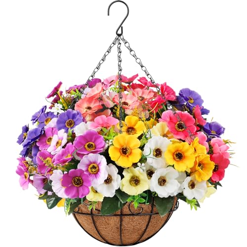 Ouddy Decor Artificial Hanging Flowers with Basket, Fake Silk Hanging Flowers in Coconut Lining Basket Faux Hanging Plants...
