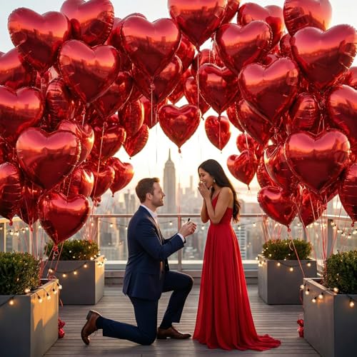 18 Inch Red Heart Balloons, 30 Pcs Foil Heart Shaped Balloon Large Foil Valentines Balloons Helium Support for Valentine's...