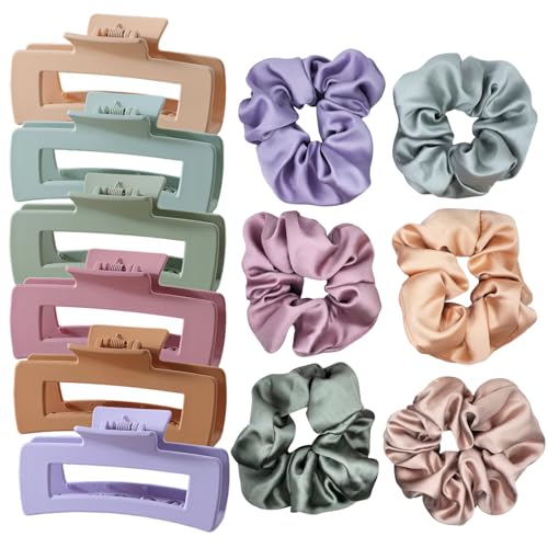 12Pack Hair Clips and Satin Scrunchies for Women Set Hair Bands Matte Flat Claw Clips for Women and Girls Hair Ties no Dam...