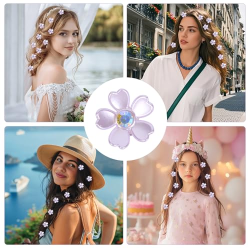 20 Pcs Small Mini Pearl Flower Hair Clips, Mini Purple Flower Claw Design Sweet Artificial Bangs Clips with Crystal, Decor...