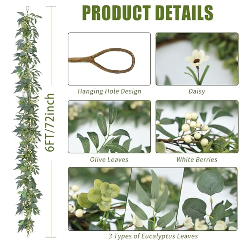 Artgar Eucalyptus Garland with Lights - 6 Ft Greenery Garland - Artificial Silver Dollar Olive Garlands, Spring/Summer Gre...