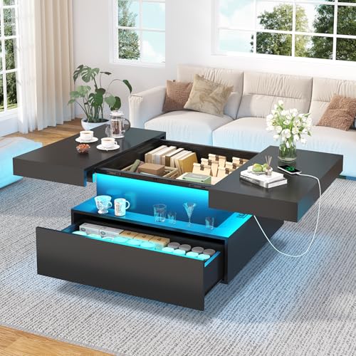 31.5" Square Coffee Table with Sliding Top and Charging Station, Black Coffee Tables with LED Lights and Storage Drawer fo...