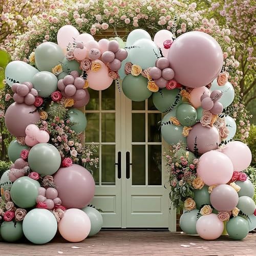 Pink Green Balloon Arch with Artificial Flowers Double Stuffed Dusty Light Pink Sage Green Balloon Garland Kit Eucalyptus ...