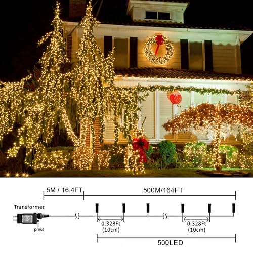 weillsnow 164 FT 500 LED Christmas Lights Outdoor, Waterproof Christmas Fairy Lights with Timer, Plug in Warm White LED St...
