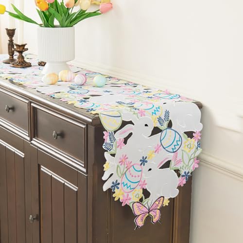 Joyfol Day Easter Bunnys Table Runner, Cutwork Embroidered Floral Eggs Butterfly Table Runners, Colorful Flower Dresser Sc...