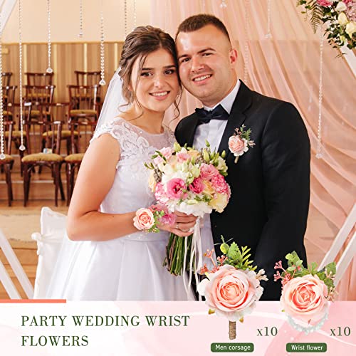 Sherr 20 Pcs Rose Wrist Corsage and Boutonniere Set Flower Wrist Corsage Wristlet Band Bracelet Bridegroom Men's Boutonnie...