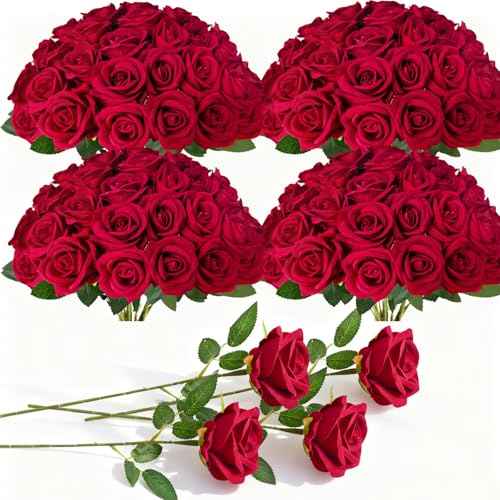 100 Pcs Fake Roses Bulk Red Artificial Flowers, Artificial Velvet Silk Roses Bouquet with Stems for Wedding Decoration, Fa...