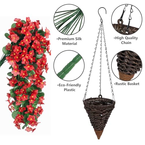 MJFloria Artificial Hanging Flowers with Baskets for Winter Christmas Decor, Fake Silk Red Hanging Daisy Orchid Flowers Pl...