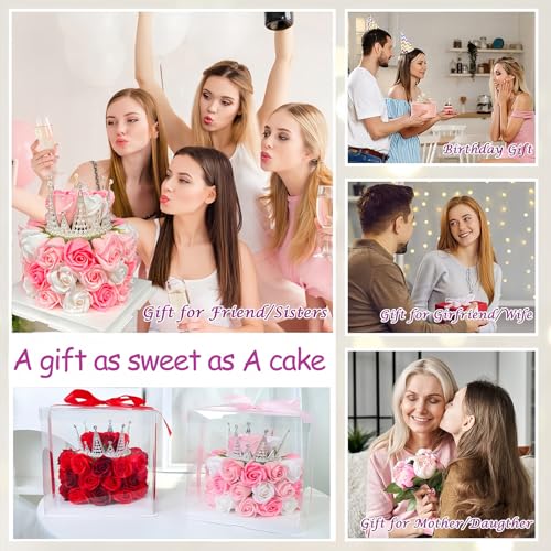 EIGHTOWN Forever Cake with Pink Preserved Flowers - Bouquet Preserved Roses for Women - Birthday Gift for Her with Crown (...