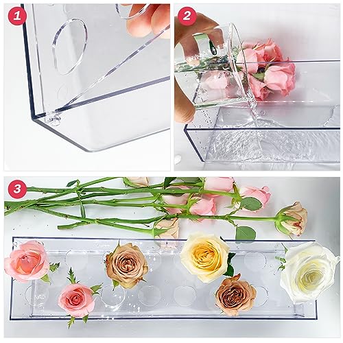 4 Pack Clear Acrylic Flower Vase Centerpiece for Dining Table,63.2 Inch Rectangular Floral Low Vases with 64 Holes for Din...