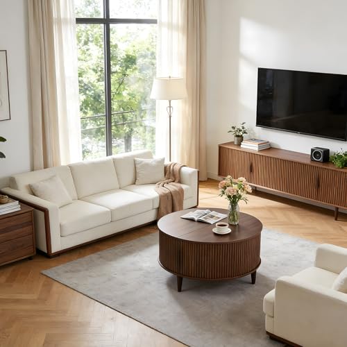 DUMOS Coffee Table, Round Coffee Tables with Storage, Fluted Center Table for Living Room, 31.69" Mid Century Modern Table...