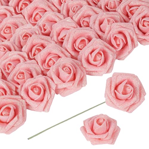 ICBOX Glitter Roses Artificial Flowers 30 PCS Foam Roses 2.17 in Foam Flowers Glitter Flowers with Stem Fake Flowers for D...