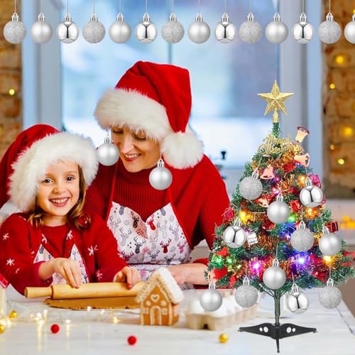 24 Count Small Silver Ornaments for Mini Christmas Tree, Small Shatterproof Christmas Tree Ornaments Balls Party Decoratio...