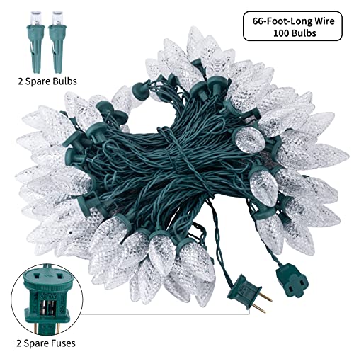 Brightown C9 Christmas String Lights White, 66ft 100 LED Faceted Christmas Lights on Green Wire, Plug-in Large Bulb Strawb...