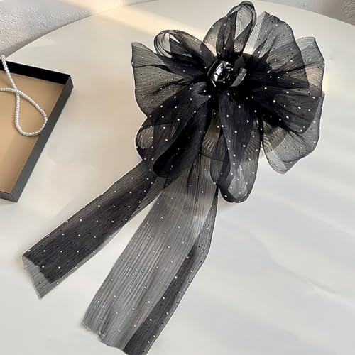 Rannyrena Large Hair Bow for Women Long Satin Silk Knot Hair Claw Clips Lace Black Tulle Hair Barrettes with Pearls Long T...