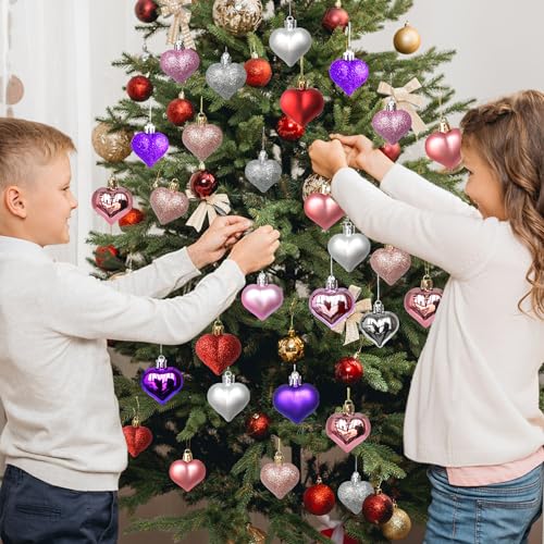 Tindobewan 12Pcs Heart Ornaments Multi Finish Heart Baubles Hanging Ornaments for Valentine’s Day Decor Mother's Day Chris...