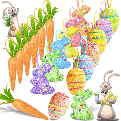 18 Pack Easter Egg Ornaments and Carrot Hanging Ornaments Colorful Foam Egg Bunny Carrots Ornaments Glitter Artificial for...