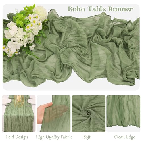 10 Pack Sage Green Cheesecloth Table Runner 10FT Boho Gauze Fabric Table Runner Vintage Rustic Sheer Runners for Wedding P...