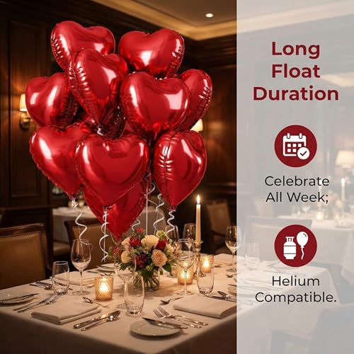 18 Inch Red Heart Balloons, 30 Pcs Foil Heart Shaped Balloon Large Foil Valentines Balloons Helium Support for Valentine's...