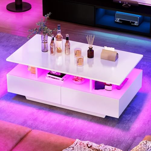 YITAHOME LED Coffee Tables for Living Room, High Glossy Coffee Table with Storage 4 Sliding Drawers, Small Rectangular LED...