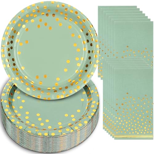 Boocikey 100 Pcs Sage Plates and Napkins Party Supplies,Sage Green Party Plates with Golden Dot for Birthday Baby Shower B...
