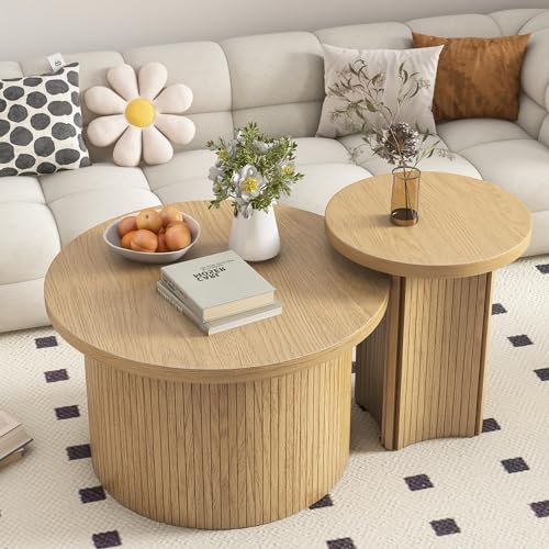 Mxtxmy Set of 2 Nesting Coffee Tables Farmhouse,Round Coffee Table Living Room,Wood Finish Coffee Table Set, Small Coffee ...