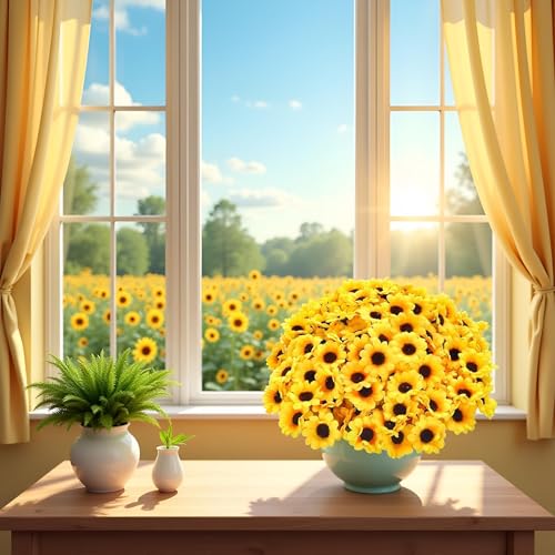 Xinjincang 100Pcs Yellow Fashion Artificial Flower Heads Mini Fake Sunflower Decorative Fabric Flowers Craft Floral Embell...