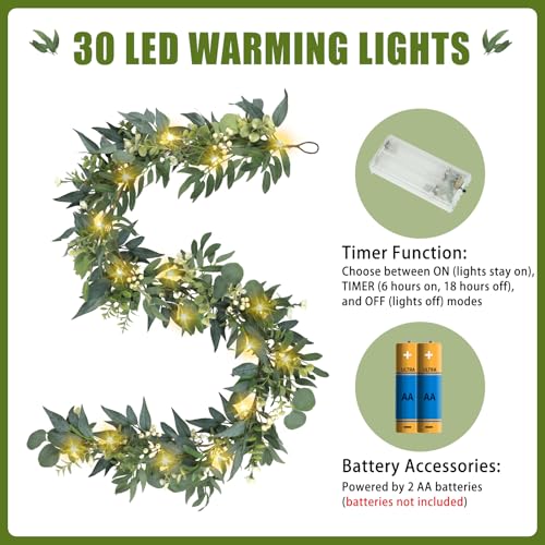 Artgar Eucalyptus Garland with Lights - 6 Ft Greenery Garland - Artificial Silver Dollar Olive Garlands, Spring/Summer Gre...