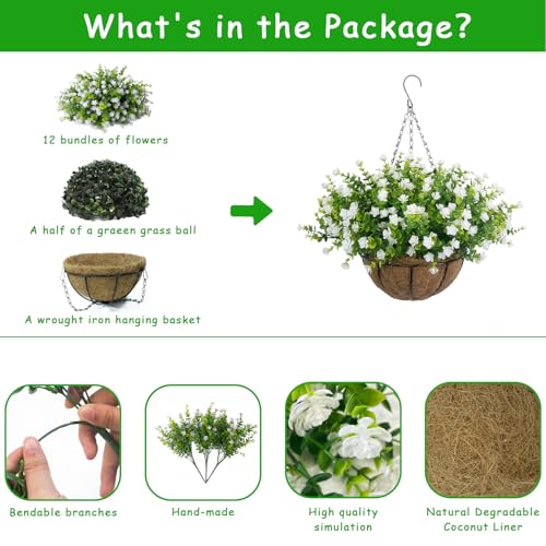 BCBLF Artificial Hanging Flowers Basket, 12 UV-Resistant Bundles of Realistic Fake Flowers, Faux Plants for Outdoor Decor,...