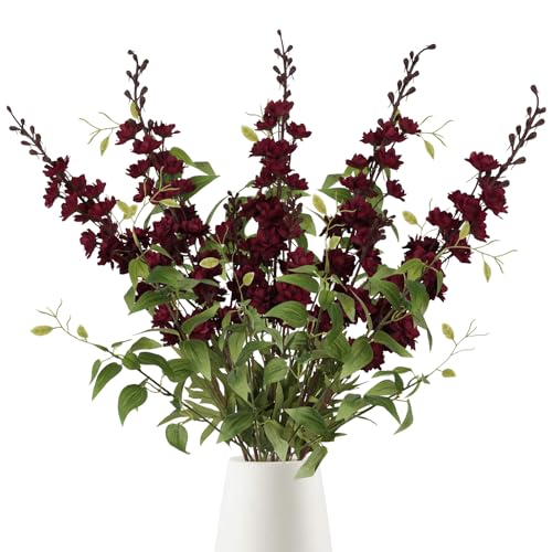 IPOPU Dark Red Flowers Artificial Delphinium 9PCS Burgundy Larkspur Artificial Flowers with Clematis Greenery Burgundy Sil...