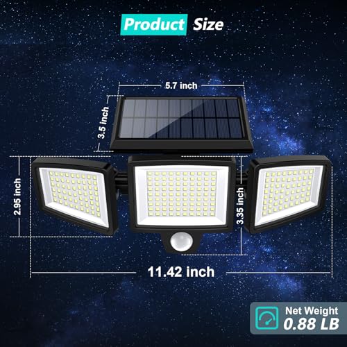 Tuffenough Solar Outdoor Lights 2500LM 210 LED Security Lights with Remote Control,3 Heads Motion Sensor Lights, IP65 Wate...