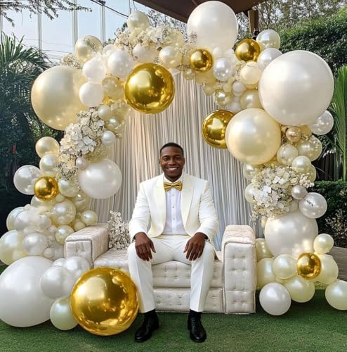 White and Gold Balloon Garland - Double Stuffed Pearl Sand White Gold Balloons Arch Kit 5 12 18 inch for Birthday Graduati...