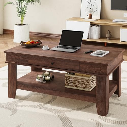IDEALHOUSE Walnut Coffee Table with Drawer, 47.2" Center Table with Storage Shelf, Rustic Coffee Tables Long Living Room F...