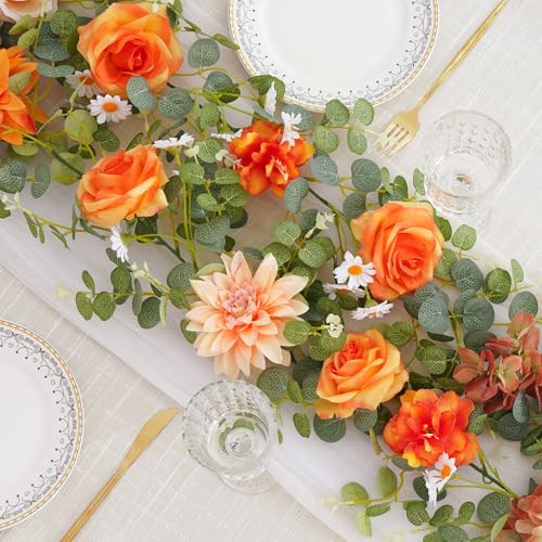 1 Pack Orange Flower Garland Decorations,6.07Ft Artificial Eucalyptus Garlands with Silk Rose Hydrangea Flower Vines Hangi...