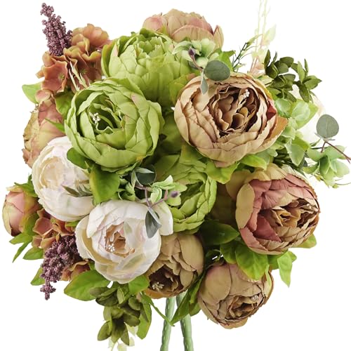 FiveSeasonStuff Rustic Brown, Beige & Green Artificial Peony Bouquets, 2 Silk Flower Bundles with Hydrangeas for Wedding &...