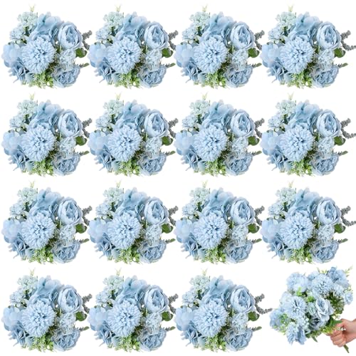 Lyrow 16 Pcs Peony Artificial Flowers Fake Silk Hydrangea Bouquet Elegant Peony Flowers for Wedding Decoration Faux Realis...