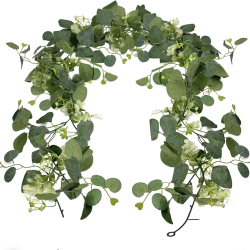 CoolCrafts 2 Pcs Artificial Eucalyptus Garland 5.9 Ft Faux Hanging Eucalyptus Leaves Vines with Flowers for Home Wedding P...